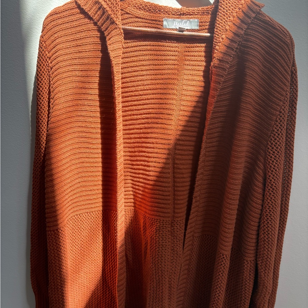 Marled Rust Open-Front Hooded Cardigan 2x